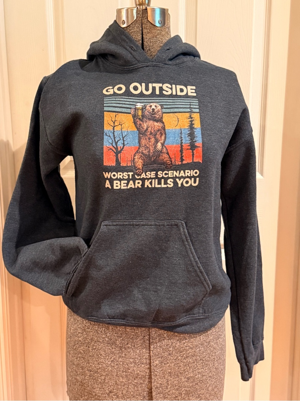 Go Outside Bear Graphic Hooded Sweatshirt - Dark Blue